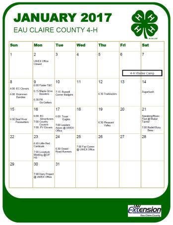Calendar January 2-Office closed 17-Leaders Association, 7pm, UWEX Office 21-Speaking/Music Fest, Mabel Tainter 23-Livestock, 7pm, Osseo-Fairchild 25-Fair Committee, 7pm, UWEX Office 30-Dairy
