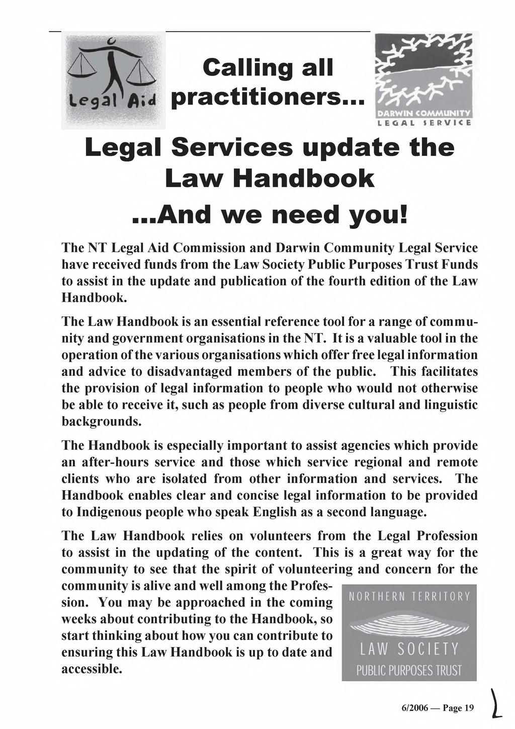 Legal 'Aid Calling all practitioners... 5 Legal Services update the Law Handbook...And we need you!