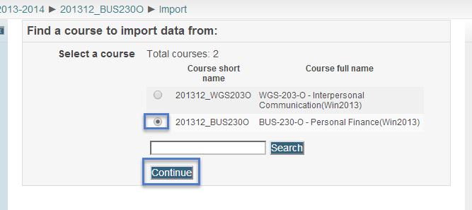 Select the course you would like to import content from and click