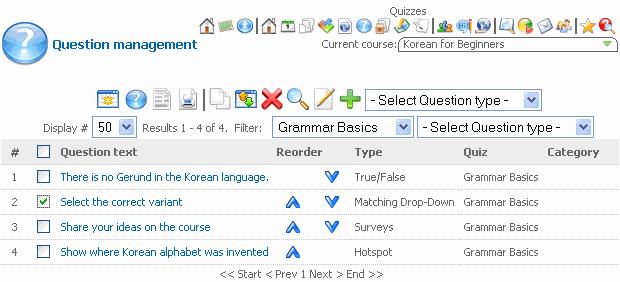 Enter the necessary course and click the Quizzes icon ( ) in the top course menu. The system will display a list of quizzes for the given course. 2.