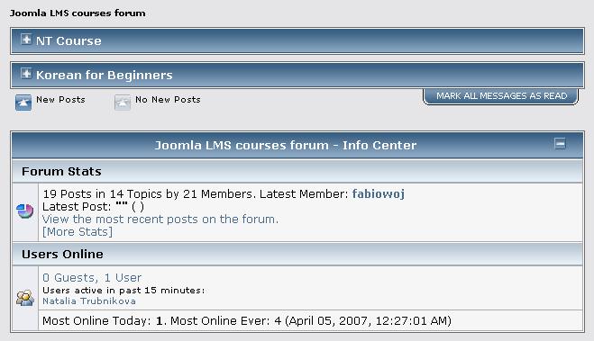 JoomlaLMS manual. Teacher guide. Elearningforce Inc. 78 This section is the main forums page intended for displaying basic forums data.