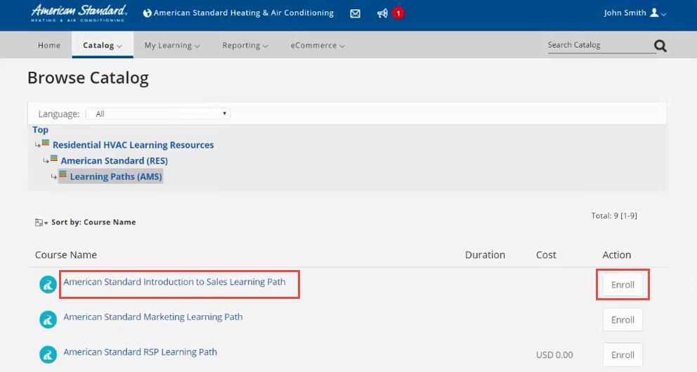 Search for a Specific Course in the Catalog: 1. Select Search from the Catalog dropdown menu from the top-left grey menu bar. The Search Catalog page will display. 2.