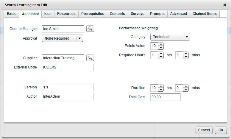 Manually Creating or Editing elearning Items 22 The Additional Tab You will notice that none of the fields on the Additional tab are compulsory.