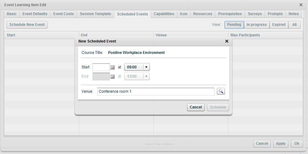 Managing Event Learning 36 Scheduling Events: The Scheduled Events tab Once the fields on the other Tabs have been completed as required, you use the Event Scheduling Tab to set up actual events, as