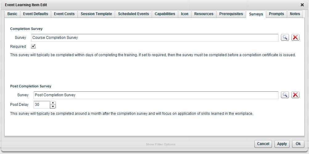 Managing Event Learning 41 Setting up Surveys - The Surveys Tab All types of Surveys can be created and edited using the Adrenaline authoring tool.