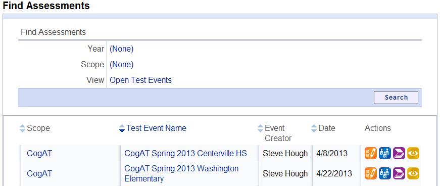 5. Click Assessments. The Find Assessments page appears. Note: A list of open test events automatically displays in the test events results area.