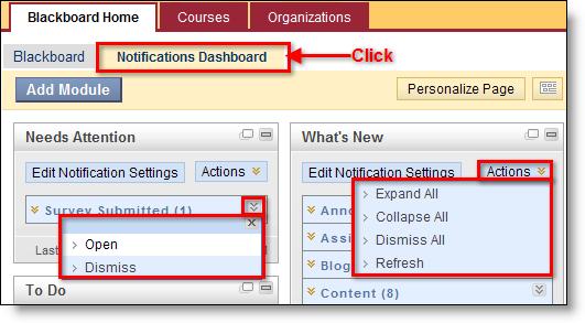 Contextual menus are available to help users dismiss, open, expand or collapse alerts.