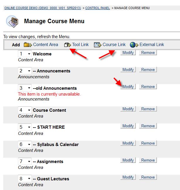 EDIT COURSE MENU Use the modify button to edit an existing link.