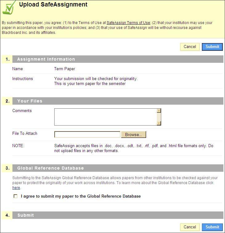 What Students See When students access a SafeAssignment, they can view instructions, enter comments in a text box, and attach a file, just as they do with regular Assignments.