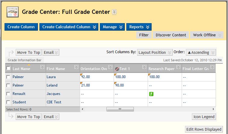 A B C D Figure 5.3 Take Note The Grade Center page contains the following areas: A. Action Bar rows containing functions specific to the current page B.