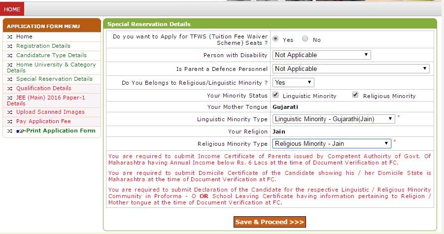 Special Reservation Details The candidate will have to select appropriate Special reservation details as t will