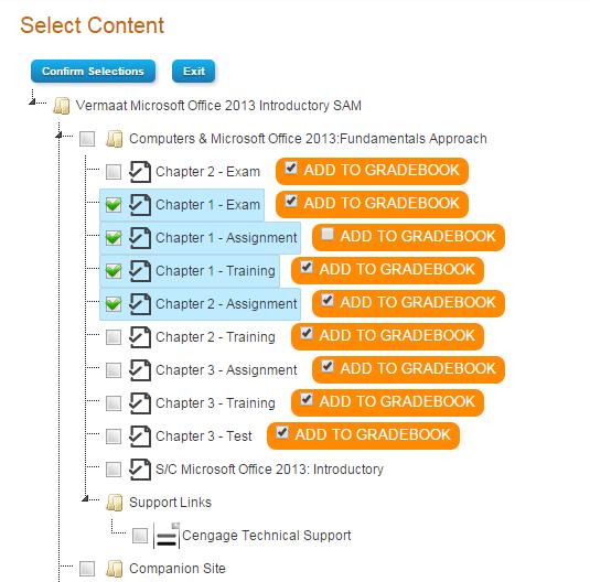 7 Click the check box next to the content to add. Result: The content selected for import displays in blue.