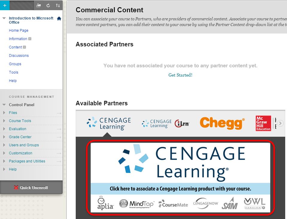 3 Click the Cengage Learning banner from the Available Partners content carousel. NOTE: Click through the content carousel if Cengage Learning does not display.