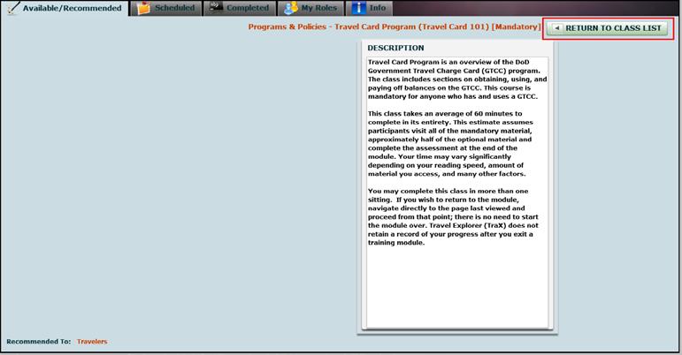 Figure 5: Class Description screen When you are finished, return to the Available/Recommended Training screen by selecting Return to