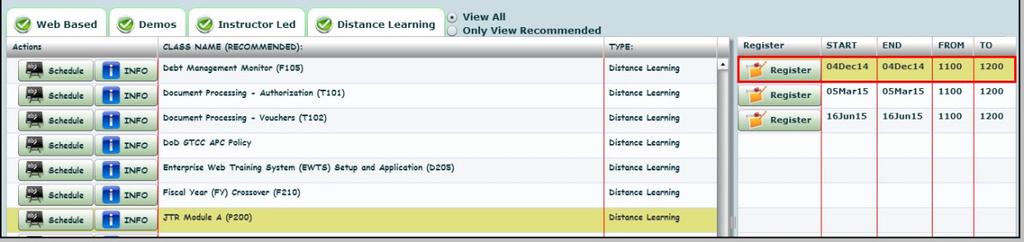 Figure 8: Register button for Distance Learning After you select Register, a pop-up screen (Figure 9) lets you know that the training