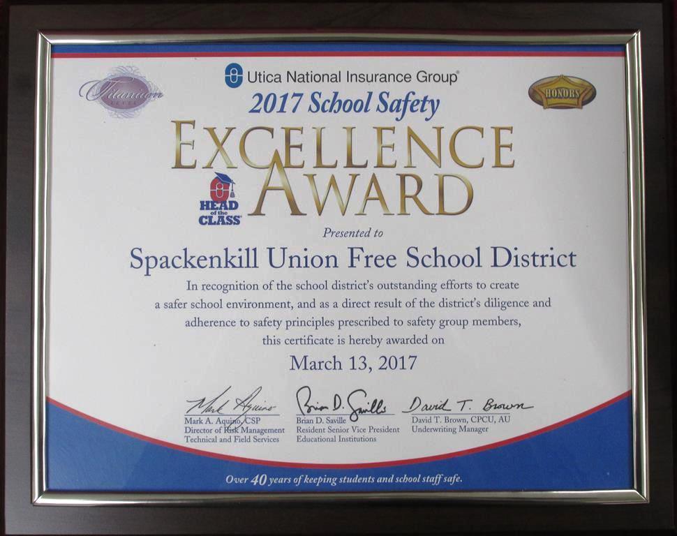 Spackenkill Receives Safety Award for Fifth Consecutive Year For the fifth consecutive year, the Spackenkill Union Free School District has won the Utica National Insurance Group's School Safety