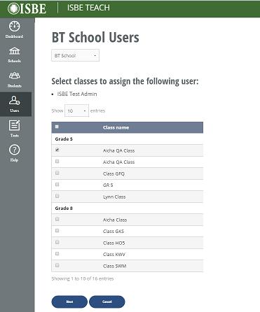 3. You may view the classes currently assigned to a Test Admin by selecting the View Classes button under the Operations column in the User list table 4.