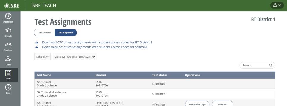 2. Select the Tests Assignments tab. 3. If you have District permissions, you will see two links: a. All district Student report b. All School report (for the selected school) 4.