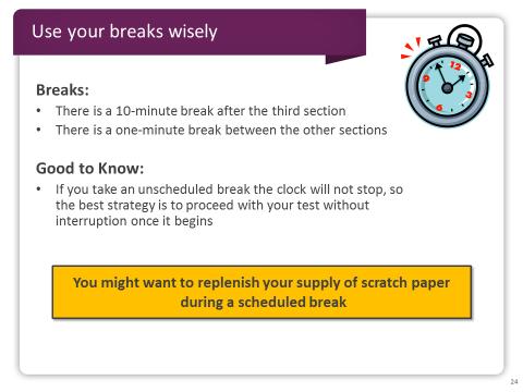 Slide 24 Since we know that everyone needs an occasional break, there are breaks throughout the test.