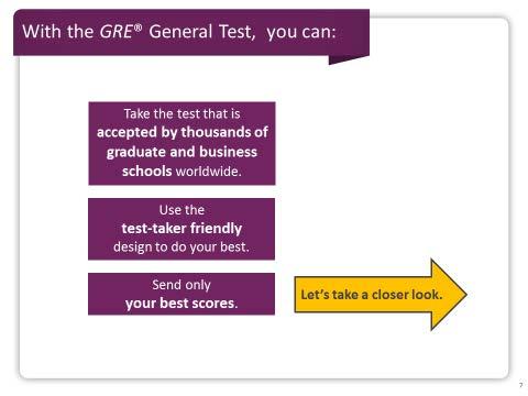 Slide 7 Taking the GRE General Test is a smart choice because it is accepted by graduate and business schools for all types of programs.