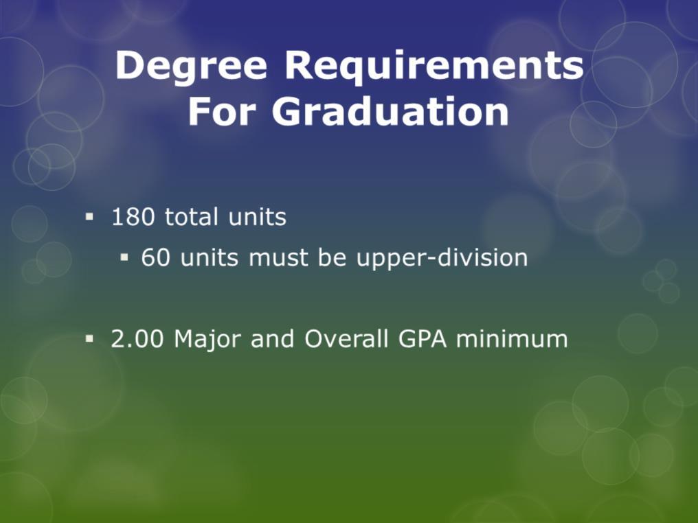 In addition to these three university requirements, you must also complete certain degree requirements to graduate.