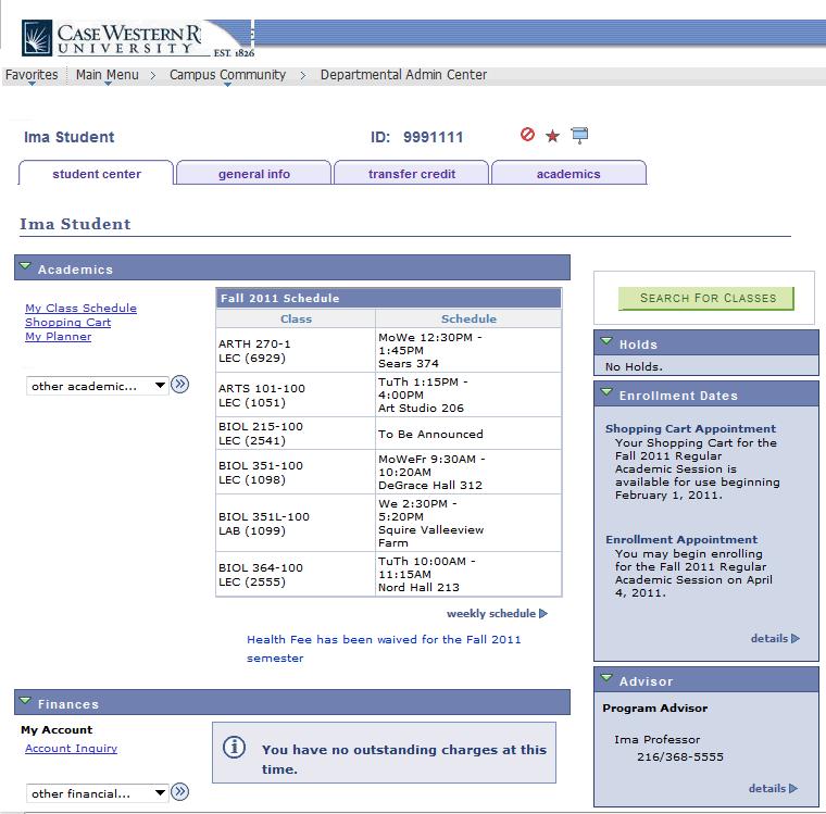2. The Student Center appears. The student's name and ID number are listed at the top of the screen.