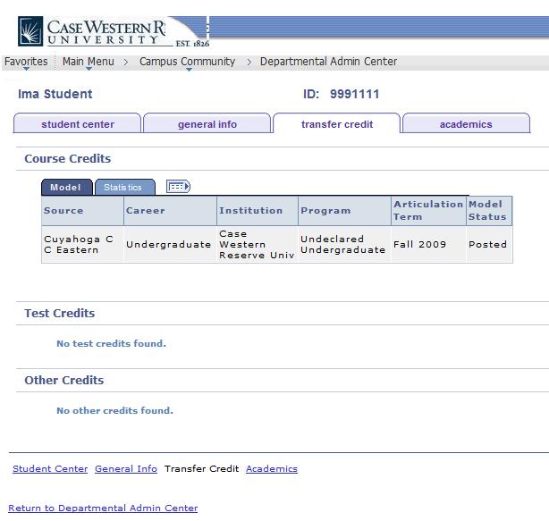10. Click the Transfer Credit tab to see any course or test credit that has been applied to the student's record.