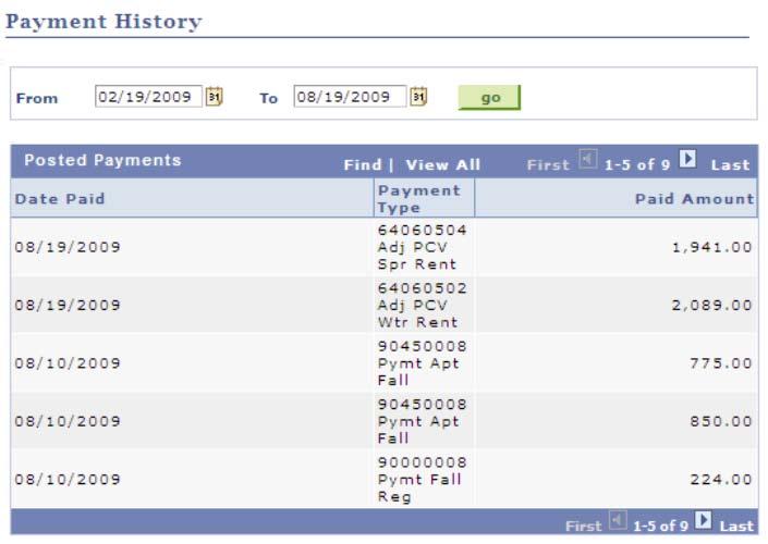 EXAMPLE: PAYMENT HISTORY PAGE: The student can choose a date range of information, or can click on View All (and the go key) to view credit activity in date order.