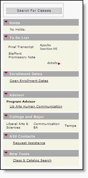 Student Services Sidebar Search for Classes - This takes you to a class search page, where you can search the class schedule for classes or browse the catalog.