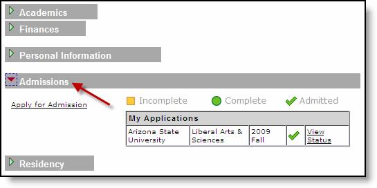 Admissions Section Apply for Admission link: This link takes you to www.asu.edu/apply where an application for admission can be submitted.