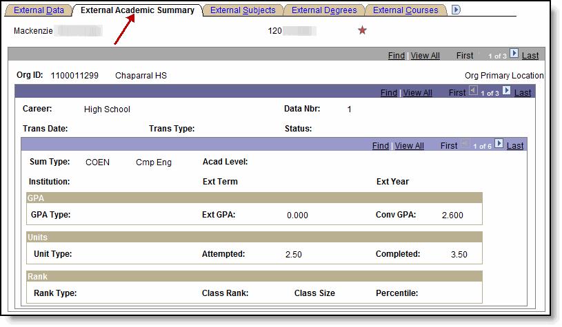 External Data tab will tell you what transcripts have been submitted Comment [PS11]: QFTR some things are showing up on the summary school