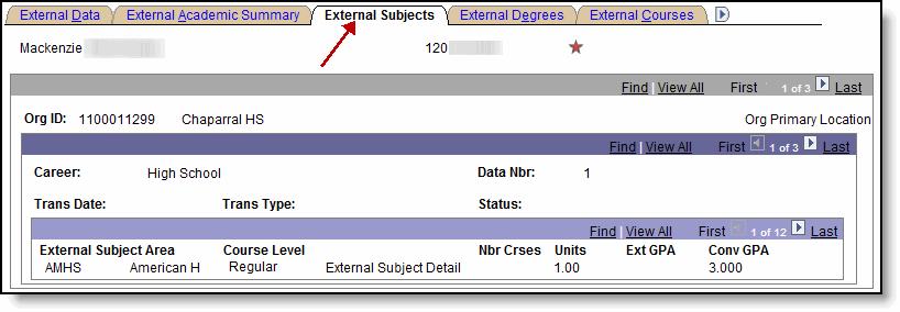 External Subjects tab shows external subject areas and