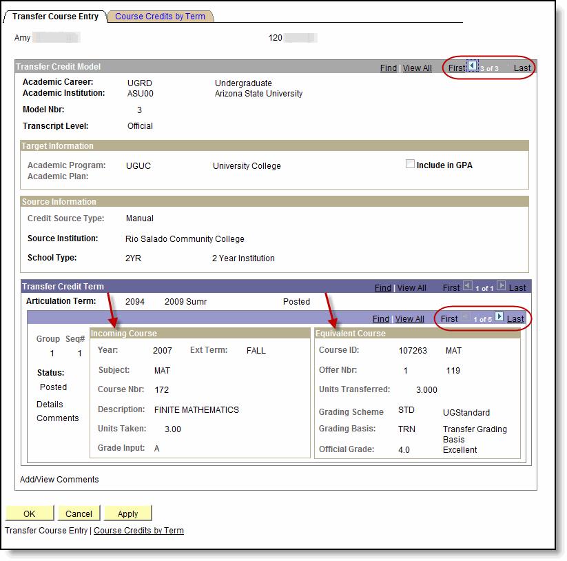 Transfer Credit Tab (cont.) Detail View - Clicking Detail next to one of the Course Credits will display information on the transferred course.