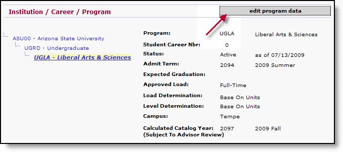 Academics Tab (cont.) Institution/Career/Program Section The Institution, career, and program information of the student displays on the left side.