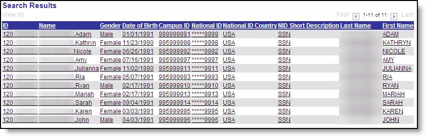 ID: Ten digit Student number (starts with 100, 120) Campus ID: Nine digit campus number (starts with 993, 995, 999) National ID: Social Security Number Results: If
