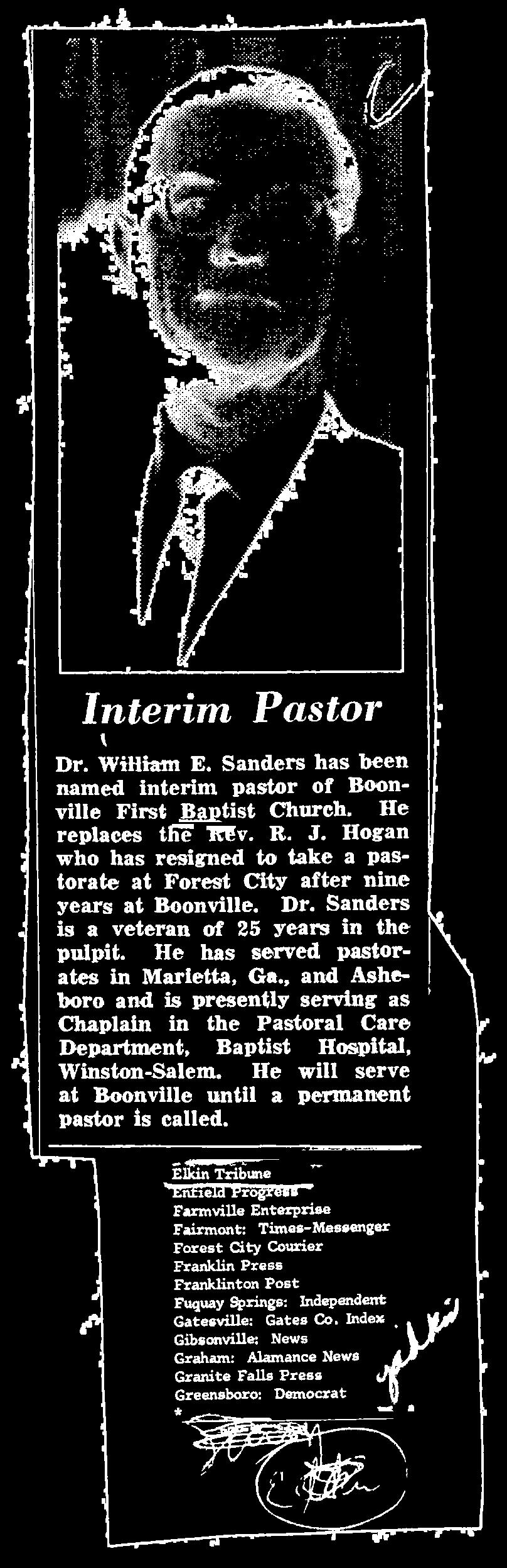He will serve at Boonville until a permanent pastor is called.