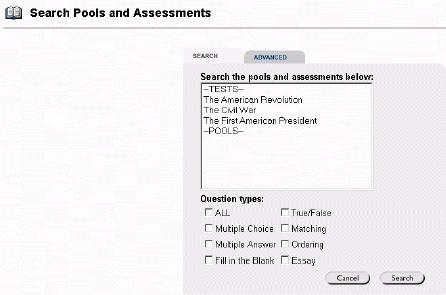 Blackboard 6 Instructor s Edition Page 93 Adding Questions - Existing Pools/Assessments After selecting From a Question Pool or Assessment question type on the Test Canvas the Search Pools and