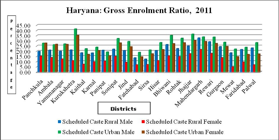 65 Source: Calculated from raw data of Census of India, 2011 by author Regional pattern reveals that northern and southern districts have comparatively high female gross enrolment ratio than the