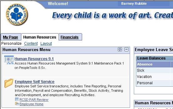 Specifically, you should see Employee Self Service on your Enterprise Menu. 5.2 Click on the Human Resources tab. A page similar to the following will be displayed. 5.3 Click on the Human Resources 9.