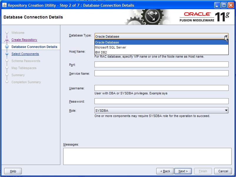 Configuring WS-Security for PeopleSoft Mobile Inventory Management Appendix A Oracle Fusion Middleware: Repository Creation Utility - Create Repository page (Step 2 of 7): Database Connection Details