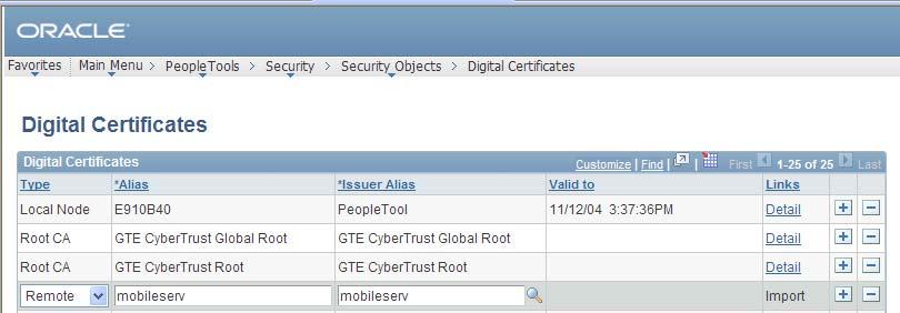 You are returned to the Digital Certificates page, as shown in the following example: PeopleSoft Digital Certificates page 10.