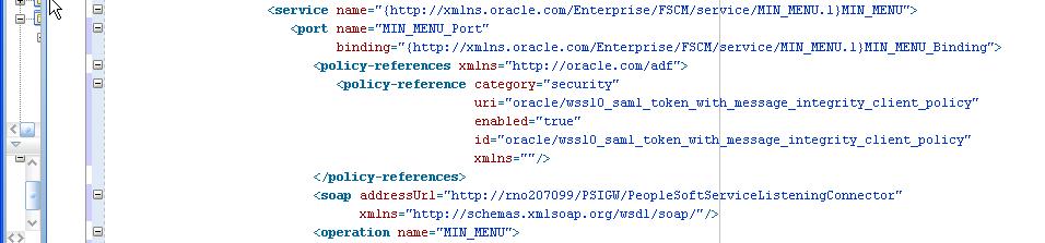 To add a policy to a web service: 3. AddthefollowingXMLafterthe<port...>andbeforethe<soap...>tags,asshowninthefollowing example: <policy-references xmlns="http://oracle.