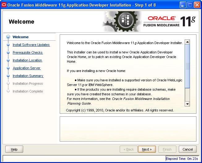 Oracle Universal Installer command window with JDK entry The Oracle Fusion Middleware 11g Application Developer Installation -Welcomepageappears(Step1of 8), as shown in the following example: Oracle