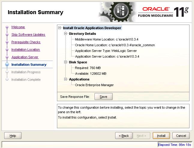 Chapter 1 Installing PeopleSoft Enterprise FSCM 9.1 Mobile Inventory Management Oracle Fusion Middleware 11g Application Developer Installation - Installation Summary page (Step 6 of 8) 9.