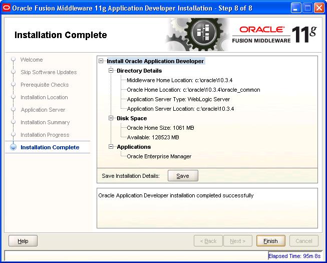 Chapter 1 Installing PeopleSoft Enterprise FSCM 9.1 Mobile Inventory Management Oracle Fusion Middleware 11g Application Developer Installation - Installation Complete page (Step 8 of 8) 12.