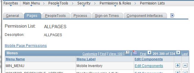 Installing PeopleSoft Enterprise FSCM 9.1 Mobile Inventory Management Chapter 1 Permission Lists - Pages: ALLPAGES 3. Click the Edit Components link next to the Mobile Inventory menu label.