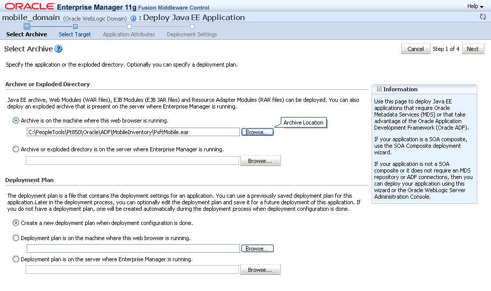 The Oracle Enterprise Manager 11g Fusion Middleware Control - Select Archive page appears, as shown in the following example: Oracle Enterprise Manager