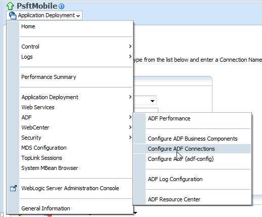 From the Application Development drop-down list menu, select ADF, Configure ADF Connections, as shown in the following example: