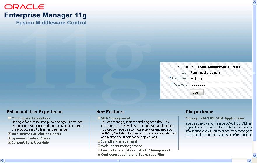 Chapter 1 Installing PeopleSoft Enterprise FSCM 9.1 Mobile Inventory Management Oracle Enterprise Manager 11g Fusion Middleware Control - Login page 3.
