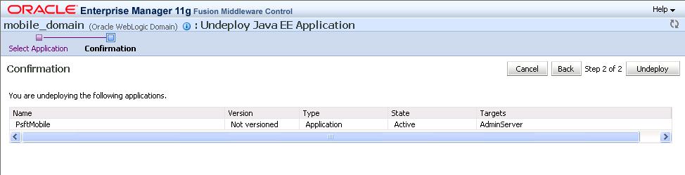 Fusion Middleware Control - Select Application page 5. On the Select Application page, select Application PsftMobile and click Next.